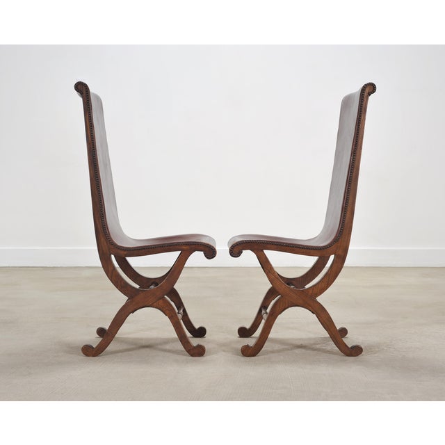 Set of Eight French Provincial Leather Oak Curule Dining Chairs For Sale - Image 10 of 18