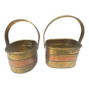 Mid Twentieth Century Set of Two Vintage Brass and Copper Baskets With Handles
