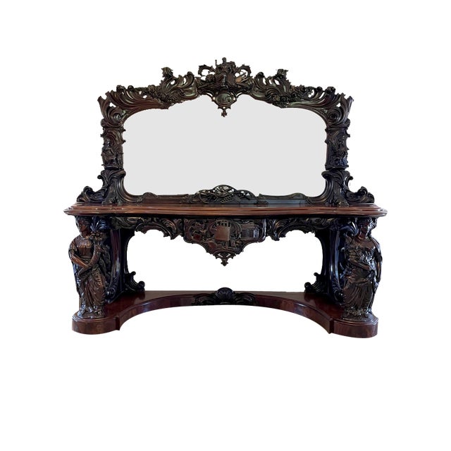 Large Antique Victorian Console Table in Carved Mahogany with Mirror Back For Sale