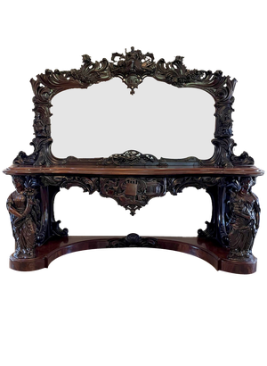 Large Antique Victorian Console Table in Carved Mahogany with Mirror Back