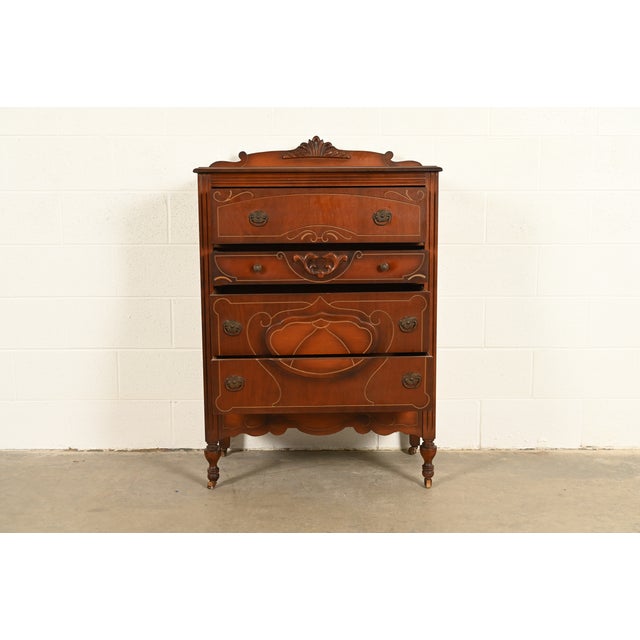 Berkey & Gay Berkey & Gay Style Antique Art Deco Carved Walnut Highboy Dresser, Circa 1930s For Sale - Image 4 of 11