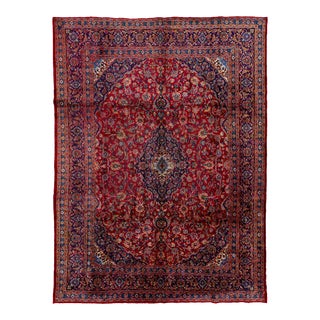 Red Vintage Handmade Kashan Wool Rug With Persian Medallion For Sale