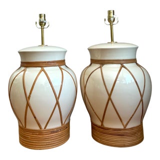 Vintage Ceramic and Rattan Table Lamps - Pair For Sale