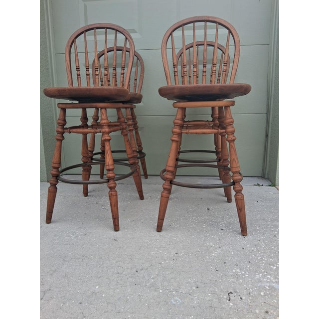 Ethan Allen 1950's Vintage American Colonial Solid Oak Swivel Bar Stools by Ethan Allen Set of 4 For Sale - Image 4 of 12