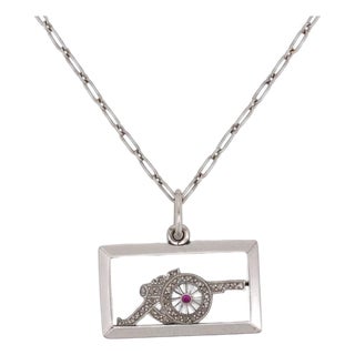 Antique Art Deco Platinum Military Pendant — Diamond and Ruby For Sale