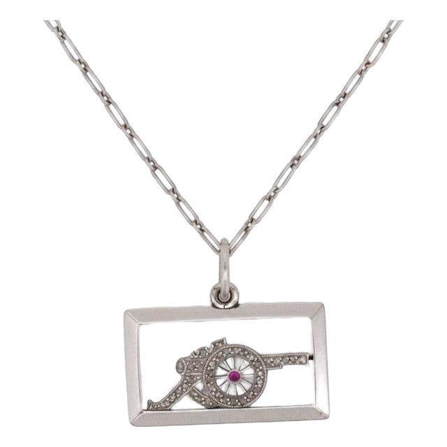 Antique Art Deco Platinum Military Pendant — Diamond and Ruby For Sale