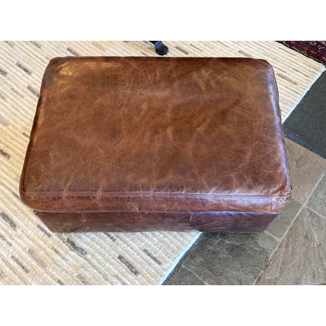 English Restoration Hardware Maxwell Brompton Leather Ottoman, Cocoa For Sale - Image 3 of 12