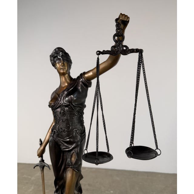 Figurative Bronze Lady Justice Sculpture – Blindfolded Justitia With Scales & Sword, 29” Tall For Sale - Image 3 of 13