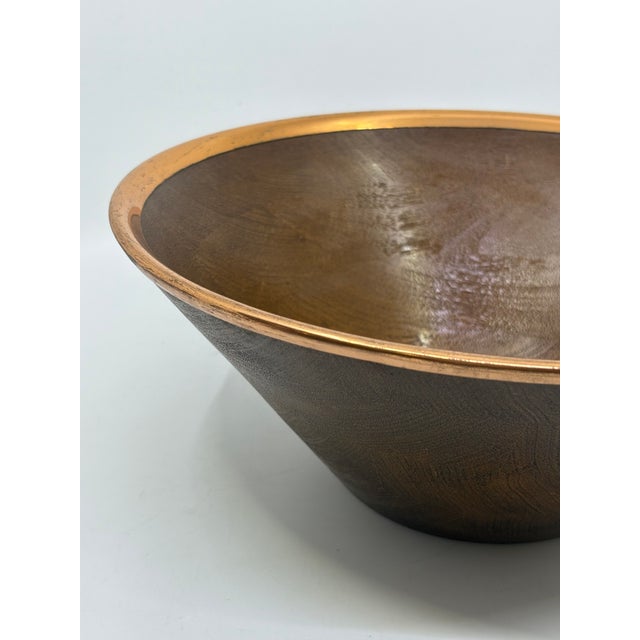 Vintage 1970's Copper Trim Wooden Salad Serving Bowl For Sale - Image 4 of 9