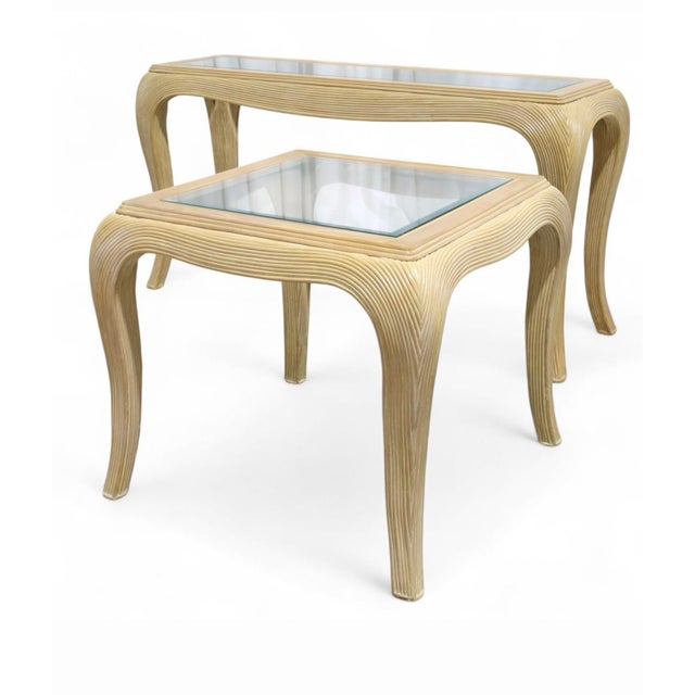 A matching console and side table attributed to Gabriella Crespi with pencil reed table frames and with glass tops. Great...