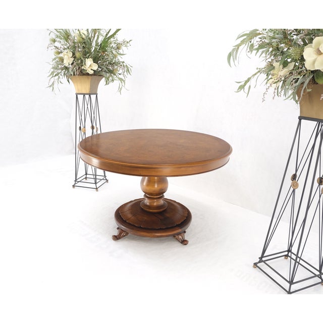 Burl Walnut Wood Top Round Carved Lotus Shape Base Dining Center Table For Sale - Image 9 of 12