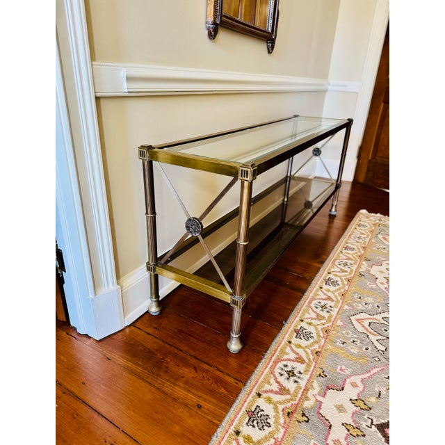 Vintage Neo-Classical Aged Brass Two Tier Console Table For Sale - Image 10 of 12