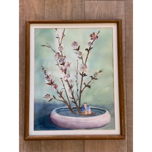 Vintage Asian Chinoiserie Cherry Blossom Watercolor Painting For Sale - Image 11 of 11