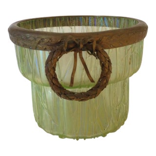 Loetz Iridescent Tree Bark Vase With Metal Wreath Collar For Sale
