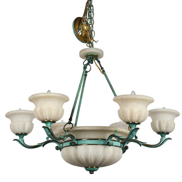 Art Deco Bronze Verdigris & Alabaster Six-Light Tulip Chandelier, European, Circa 1925 For Sale - Image 3 of 6