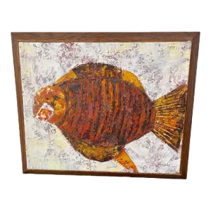 Textured Mid-Century Oil Painting of a Fish