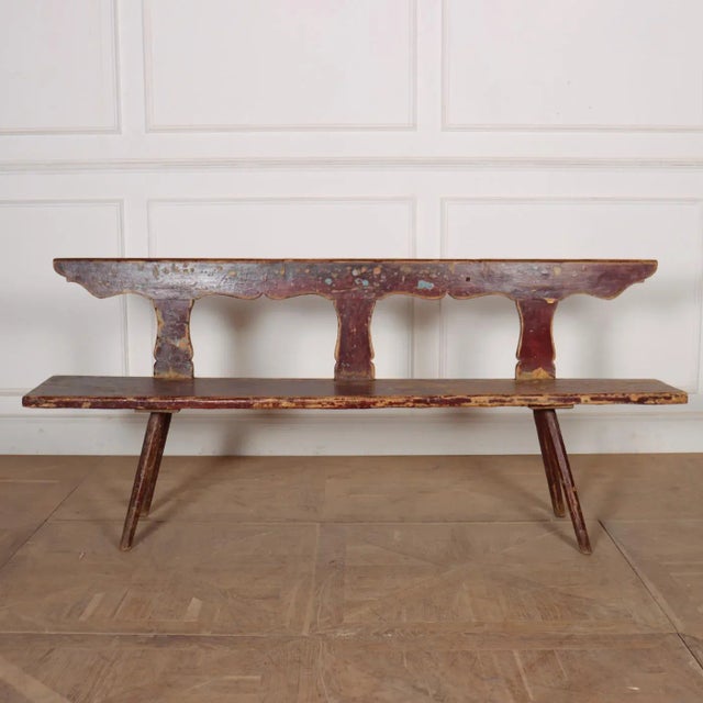 19th C Austrian original painted pine bench. 1820. Seat height is 19", seat depth is 12". This piece is designed in the...
