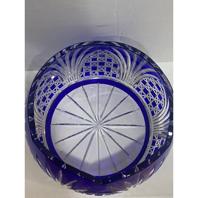 Vintage Cobalt Blue Cut-to-Clear Crystal Bowl, Bohemian Style, Scalloped Rim For Sale - Image 4 of 7