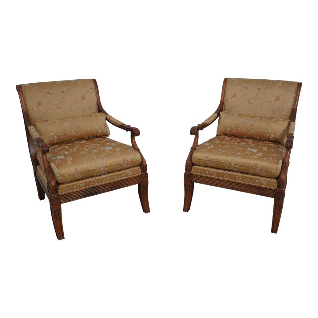 Pair Ethan Allen Regency Style Carved Bergere Chairs For Sale