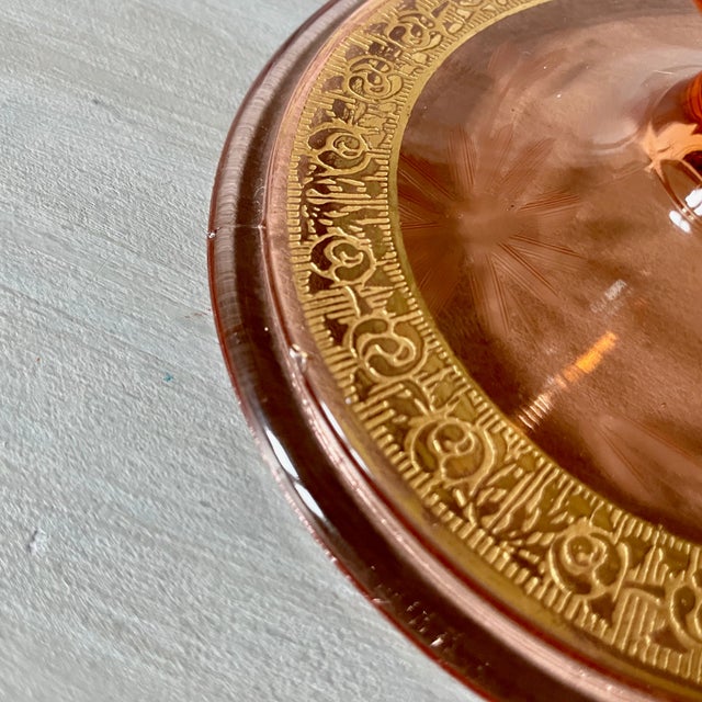 Glass Vintage Depression Era Sandwich Glass Candle Holder With Gold Paint Accent and Etched Floral Design For Sale - Image 7 of 10