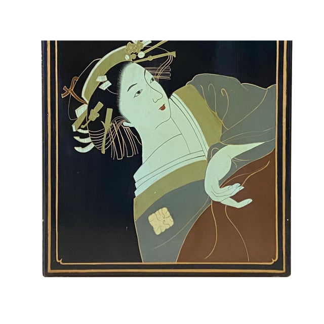 2000 - 2009 Vintage Wood Asian Japanese Lady Lacquer Wall Painting Art For Sale - Image 5 of 7
