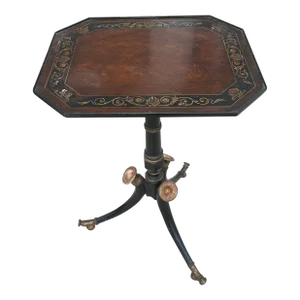 Antique English 1820's Regency Period Ebonized Gueridon With Octagonal Painted Top Pedestal Side Table