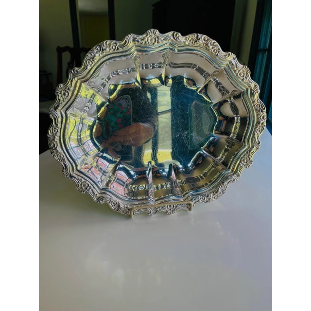 Vintage heavy ornate ( Rose, flowers & leaf Pattern Trim ) silver plate Oval Serving dish or bowl 12"L X 10"W X 2"H , No...