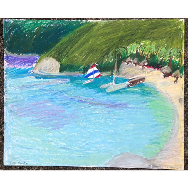 Signed, dated and titled pastel harbor scene with sailboats of Little Dix Bay in the British Virgin Islands (based on...
