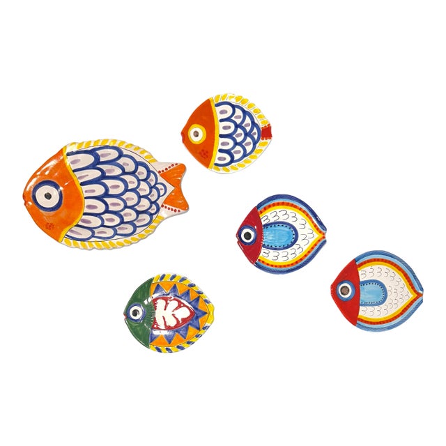 MCM Italian Hand Painted Desimone Family of Ceramic Fish Plates For Sale