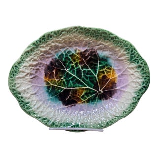 Antique Majolica Begonia Plate - Green For Sale