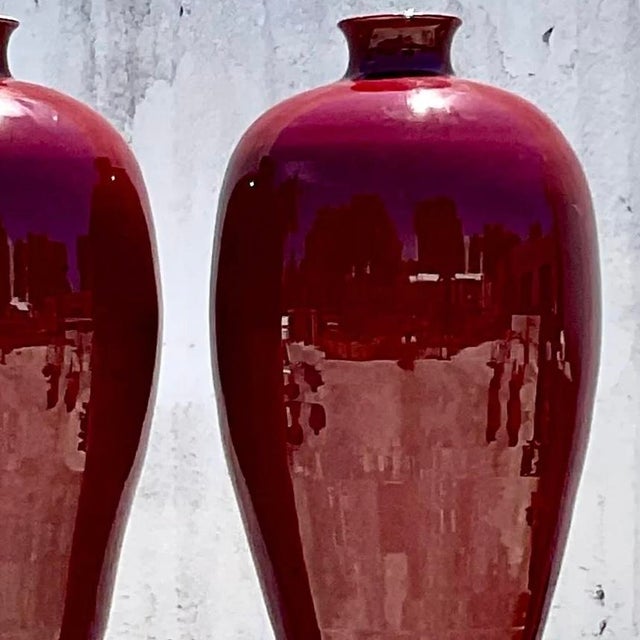 Vintage Boho Monumental “Sang De Bouf” Glazed Ceramic Vases - a Pair For Sale - Image 11 of 13