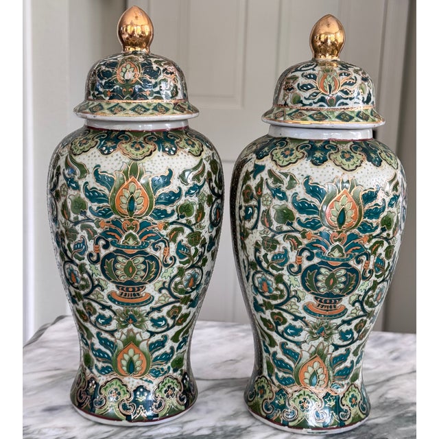 Blue Mid-Century Aegean Blue & Green Chinoiserie Ginger Jars - A Pair For Sale - Image 8 of 16