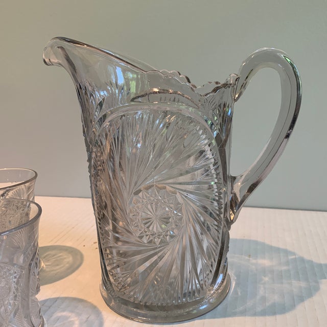 Vintage Clear Cut Brilliant 24 Lead Crystal Pitcher and Four Tumblers