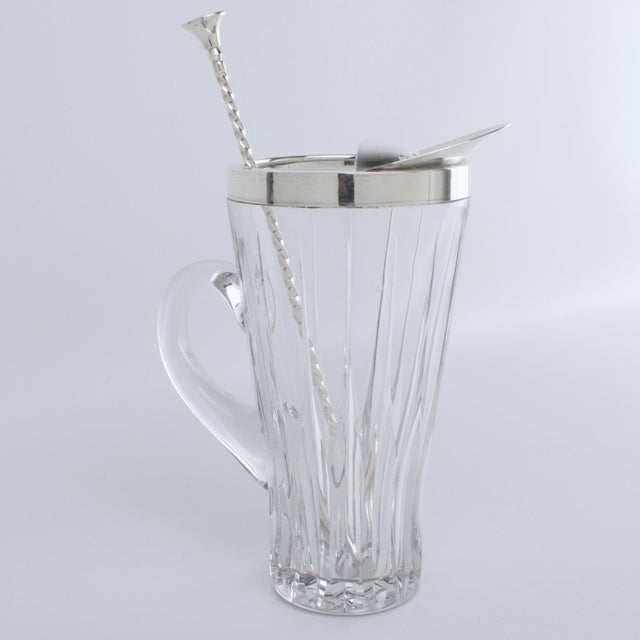 Transparent 1940s Silver Plate and Crystal Barware Cocktail Martini Pitcher with Stirrer Spoon For Sale - Image 8 of 17