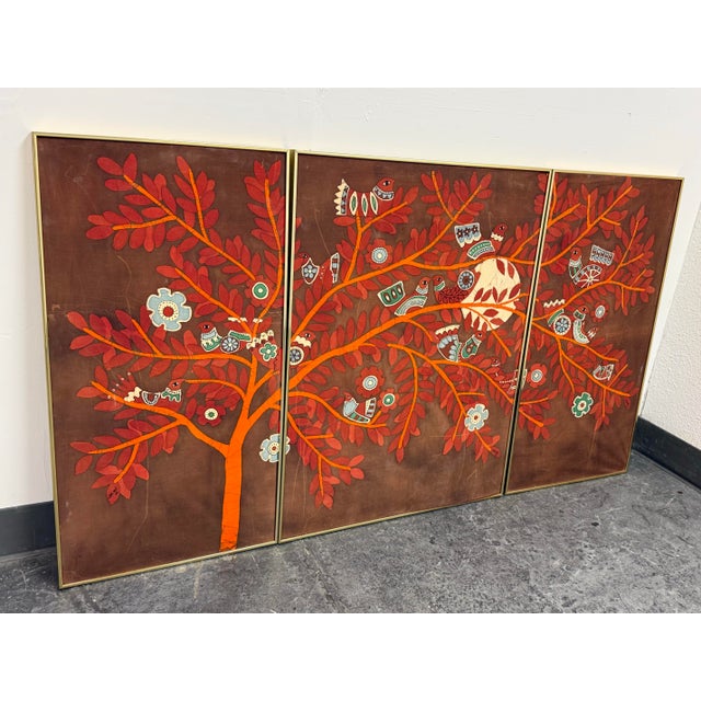 Design Plus Gallery presents an Amos Amit Signed Three-Panel Framed Batik. This signed Circa 1982 textile wall art set...