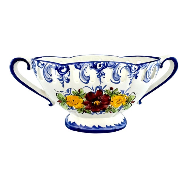 1960s Mid Century Hand Painted Alcobaça Portugal Centerpiece Bowl For Sale