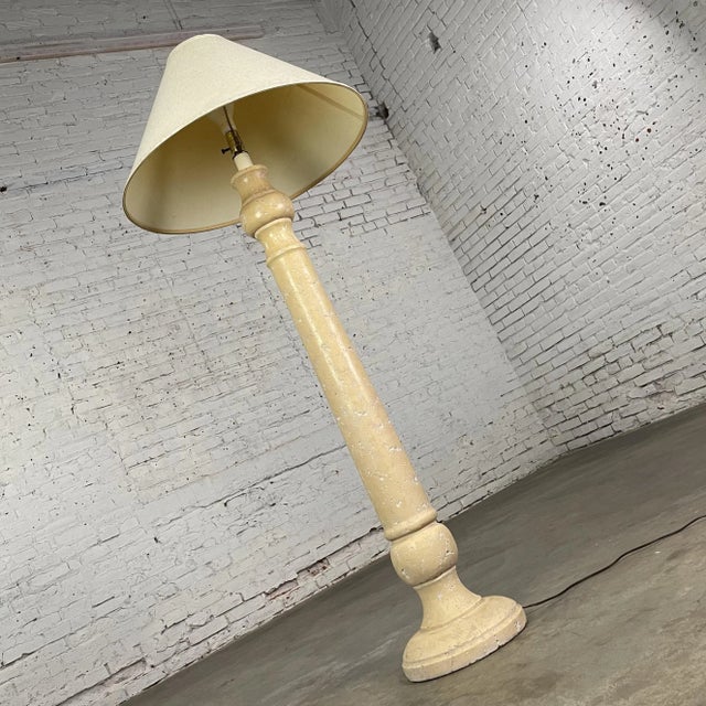 Metal Late 20th Century Column Floor Lamp With Faux Travertine Plaster Finish & Original White Coolie Shade For Sale - Image 7 of 12