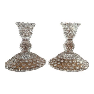 Pair of Duncan & Miller Hobnail Pressed Glass Candle Stick Holders For Sale