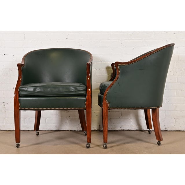 Baker Furniture Regency Carved Mahogany Leather Upholstered Lounge Chairs, Set of Four For Sale - Image 10 of 13