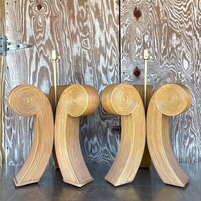Vintage Late 20th Century Boho Pencil Reed Scroll Lamps - a Pair For Sale - Image 9 of 10