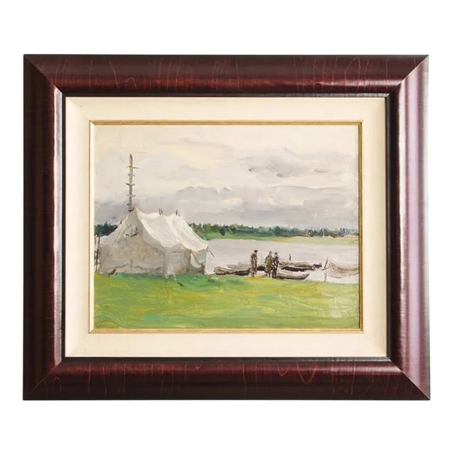 Vintage 1959 Original Signed & Framed Oil Landscape Painting of Uniformed Soldiers Natalya Aleksandrovna Gippus For Sale