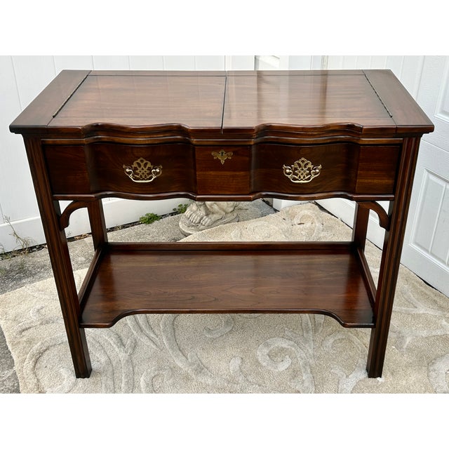 Wood Vtg. Harden Chippendale Style Flip Top Cherry Server/Bar Table W/Drawer & Shelf For Sale - Image 7 of 14