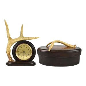 Late 20th Century Art Deco Handmade Genuine Leather Desk Clock and Organizer Box Embellished With Antler Set- 2 Pieces
