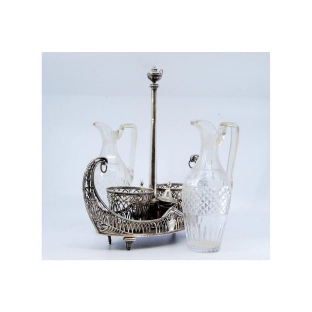 Cruet with Silver Structure Cut Into the Shape of Nave with Two Cut Glass Cruets on Four Raised Feet and Silver Lid Support For Sale - Image 6 of 11