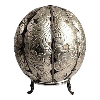 Early 20th Century Hand-Carved Wood Sphere With Embossed Tin and Brass Overlay on Display Stand For Sale