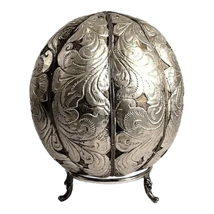 Early 20th Century Hand-Carved Wood Sphere With Embossed Tin and Brass Overlay on Display Stand