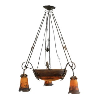 Antique Early 20th Century French Muller Freres Art Glass Chandelier For Sale