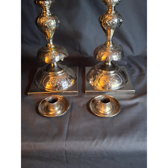 Mid 19th Century Antique Polish Judaica Silver Plated Shabbat Candlesticks Chaim Grun Warsaw 12" For Sale - Image 5 of 18