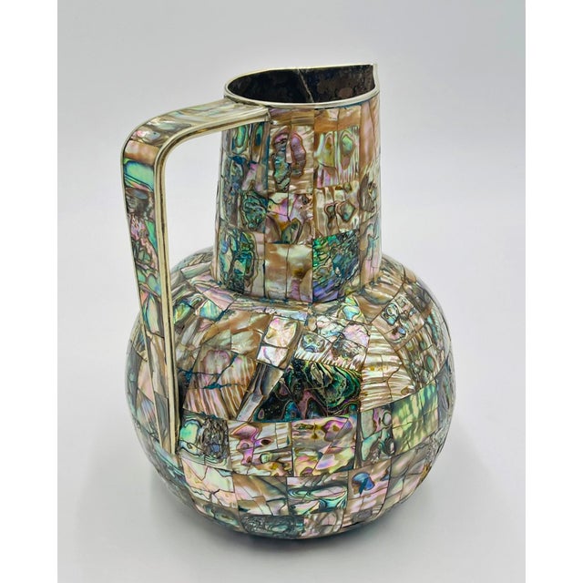 Emilia Castillo 1960s Mexican Modernist Alpaca Silver & Abalone Pitcher, Los Castillo Style For Sale - Image 4 of 16
