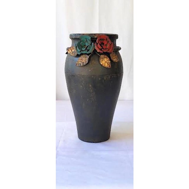 Vintage Rustic Metal Vase With Metal Painted Flowers For Sale - Image 10 of 10
